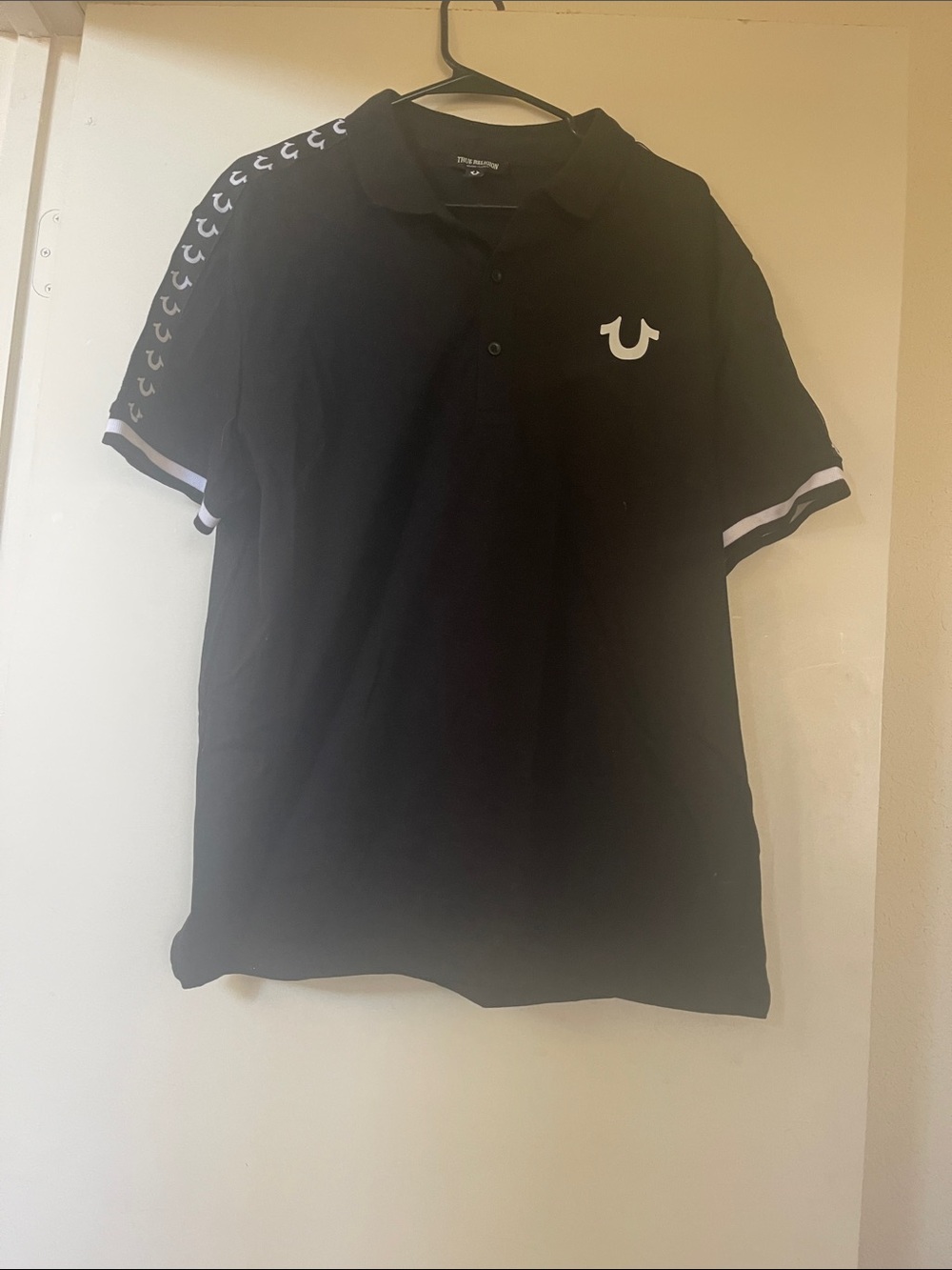 True Religion Black Polo with White Horseshoe Logo and Shoulder Tape - Size Larg